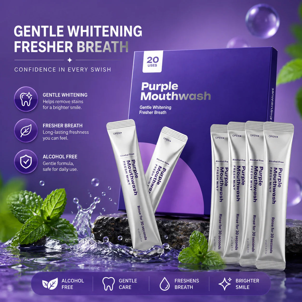 Gleamly Purple Whitening Sachets — Instant Color-Correcting Teeth Whitener (20 Pack)