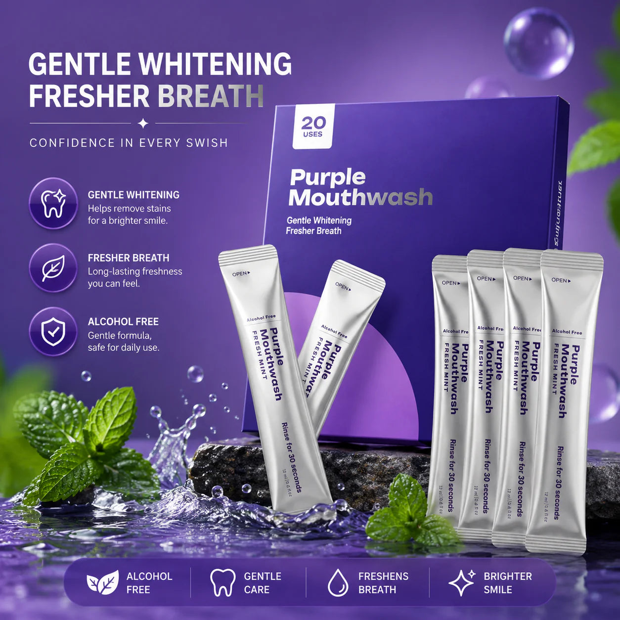 Gleamly Purple Whitening Sachets — Instant Color-Correcting Teeth Whitener (20 Pack)