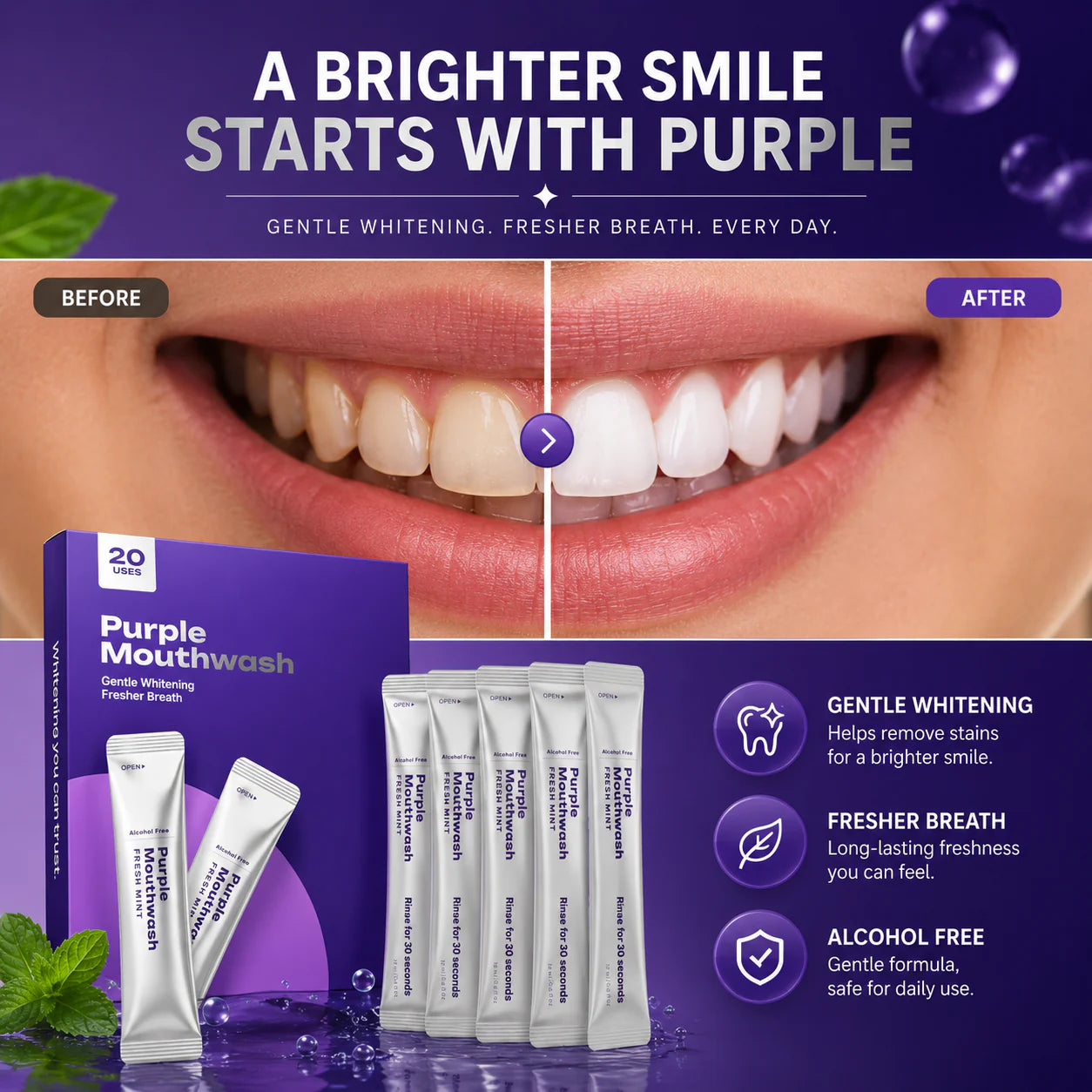 Gleamly Purple Whitening Sachets — Instant Color-Correcting Teeth Whitener (20 Pack)