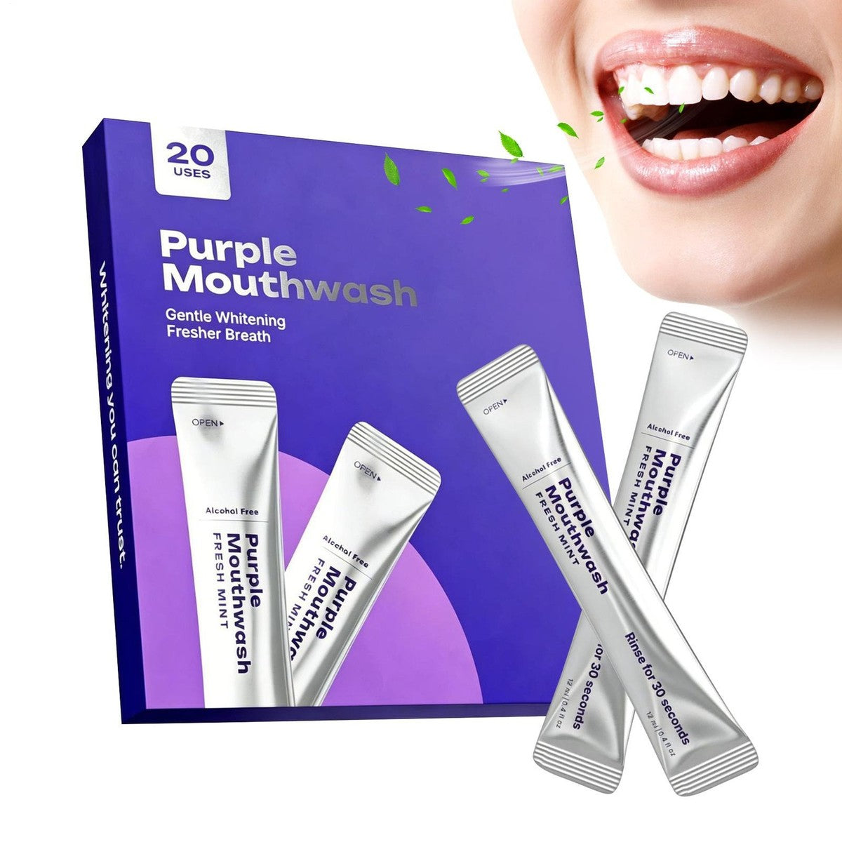 Gleamly Purple Whitening Sachets — Instant Color-Correcting Teeth Whitener (20 Pack)